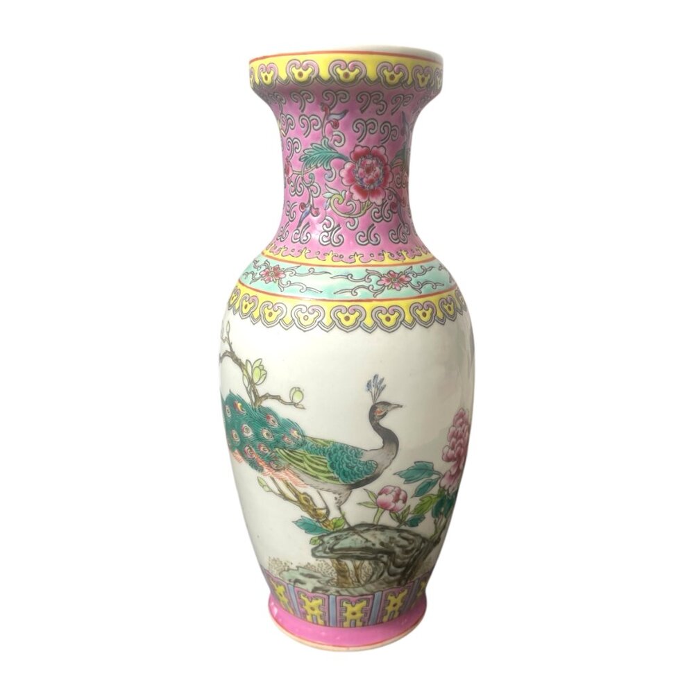 Vintage Chinese Porcelain Vase with Floral and Peacock Design Asian Home